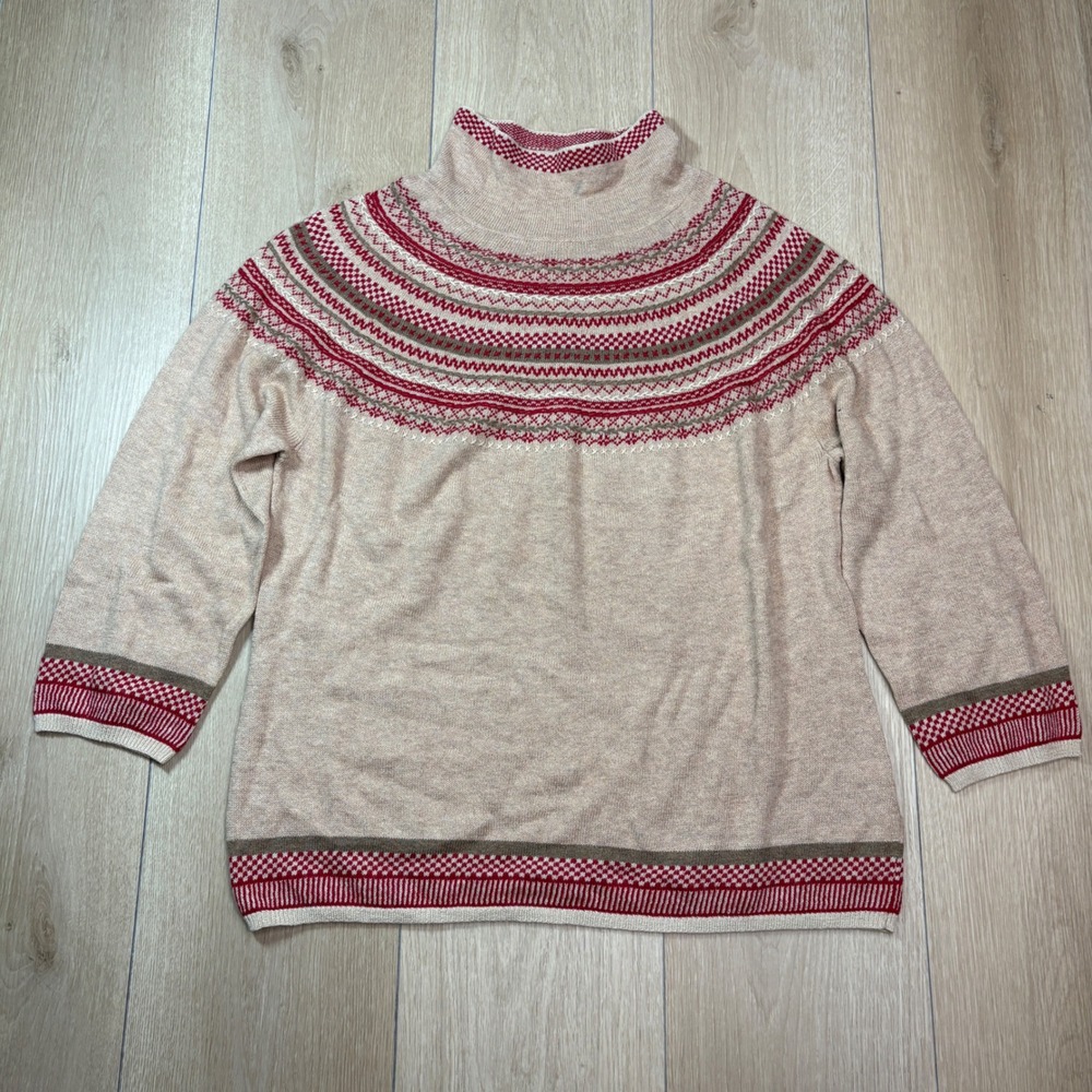 J. Jill Womens Beige Red Fair Isle Cotton Wool Blend Mock Neck Sweater Medium
